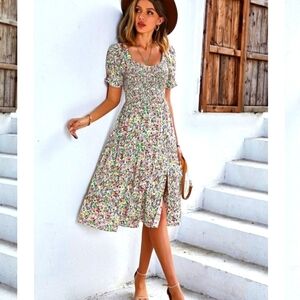 Boutique Boho Summer Floral Midi Dress Ruffle Calico Smocking Bohemian Spring
